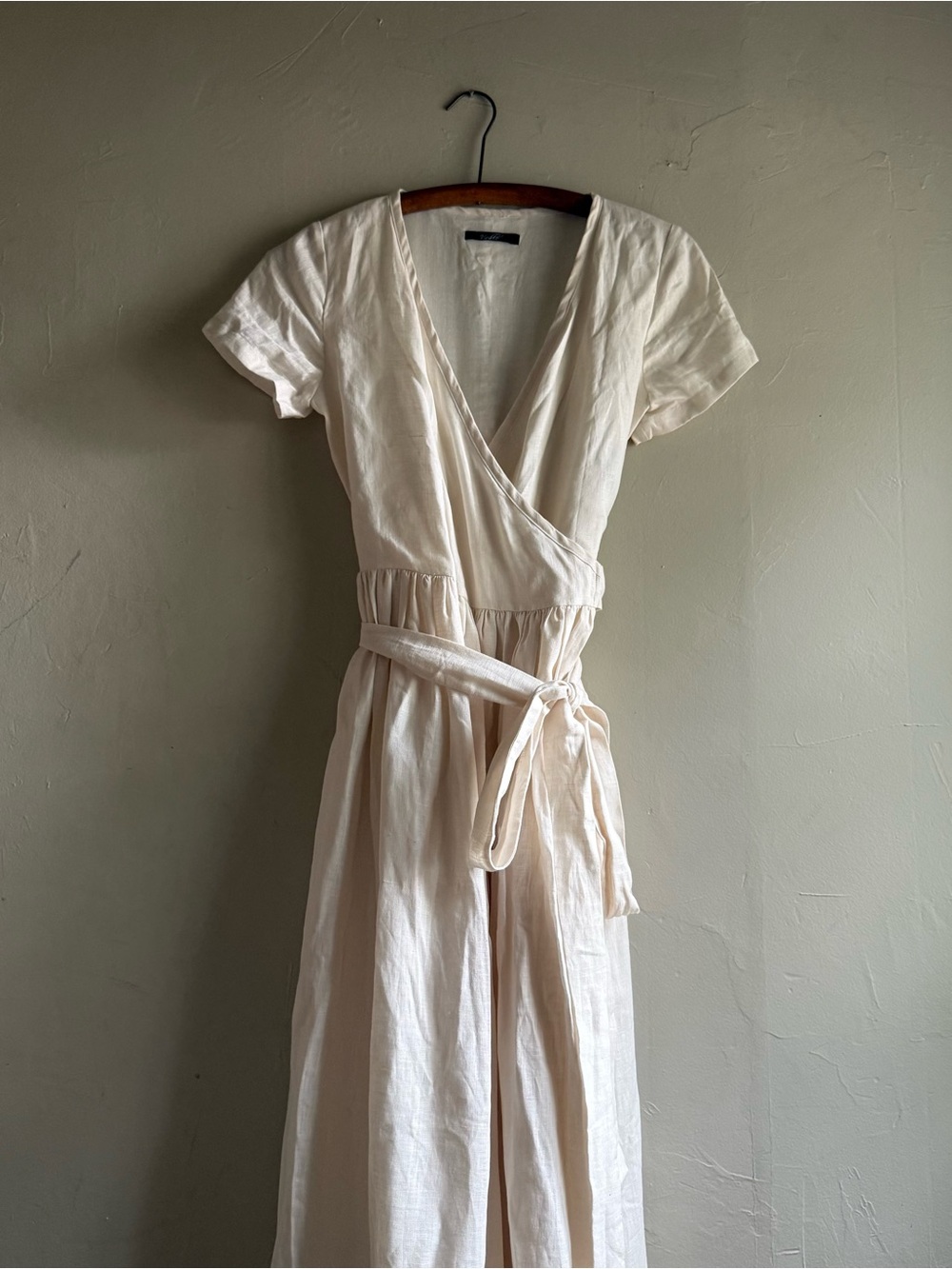 Women's Cream Wrap Midi Dress with Tie Waist